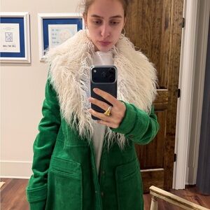 Free People Green Teddy Jacket with Cream Faux Fur Collar